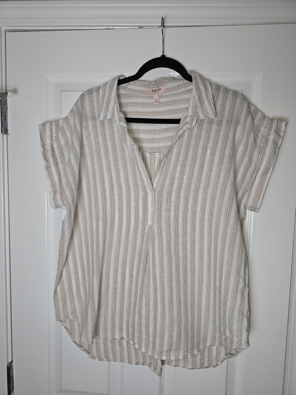 Per Se Women's Cream & Beige Striped Collared Linen Blend V-Neck Top Size XL